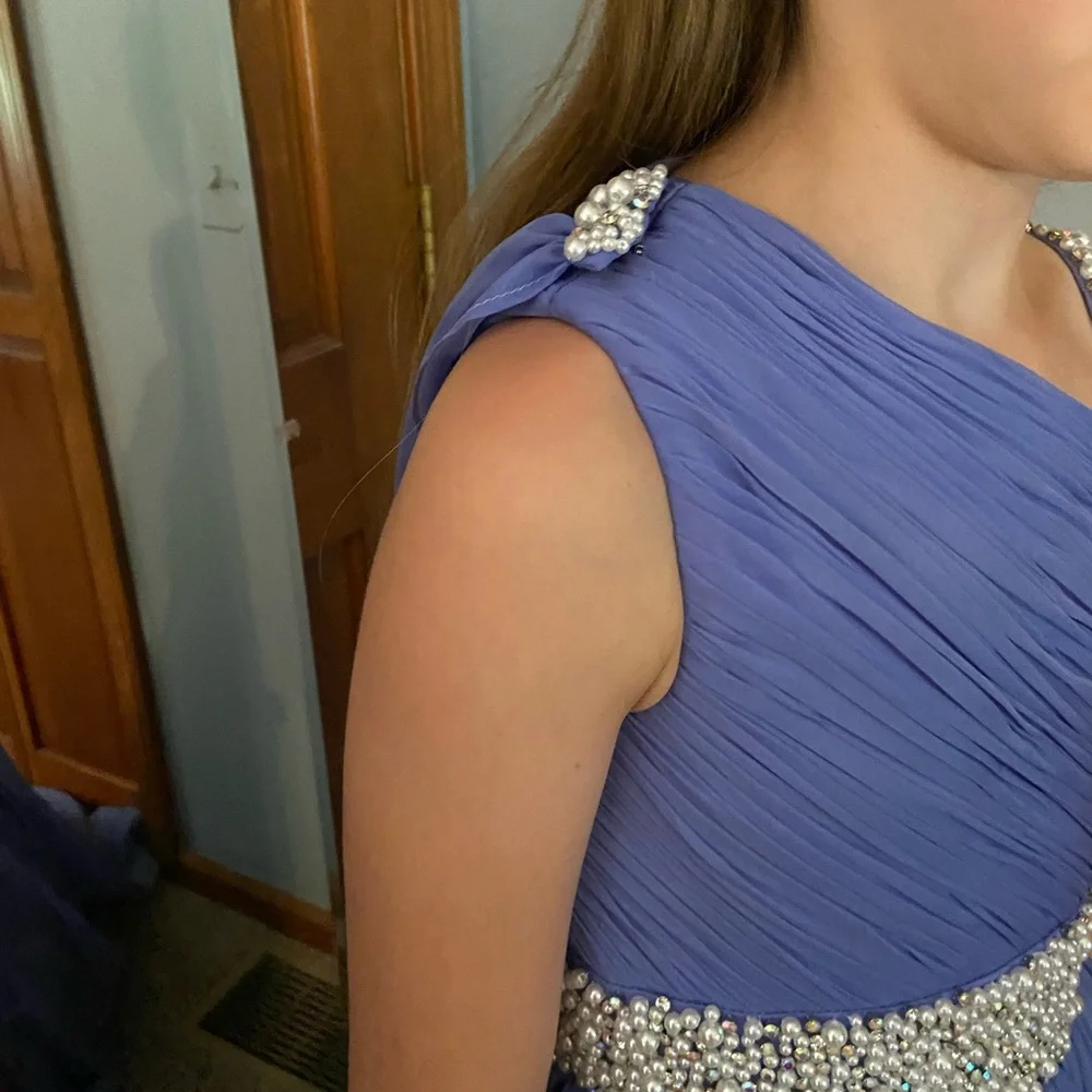 Morgan Jeff Pageant Dress in Periwinkle with Pearl and rhinestone detail - Picture 3 of 9